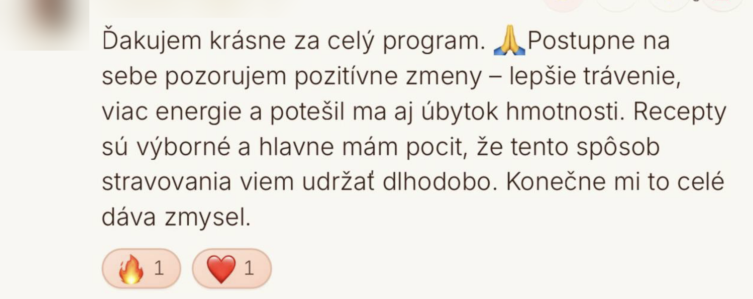 Správa klientky o pozitívnych zmenách – lepšie trávenie, viac energie a úbytok hmotnosti
